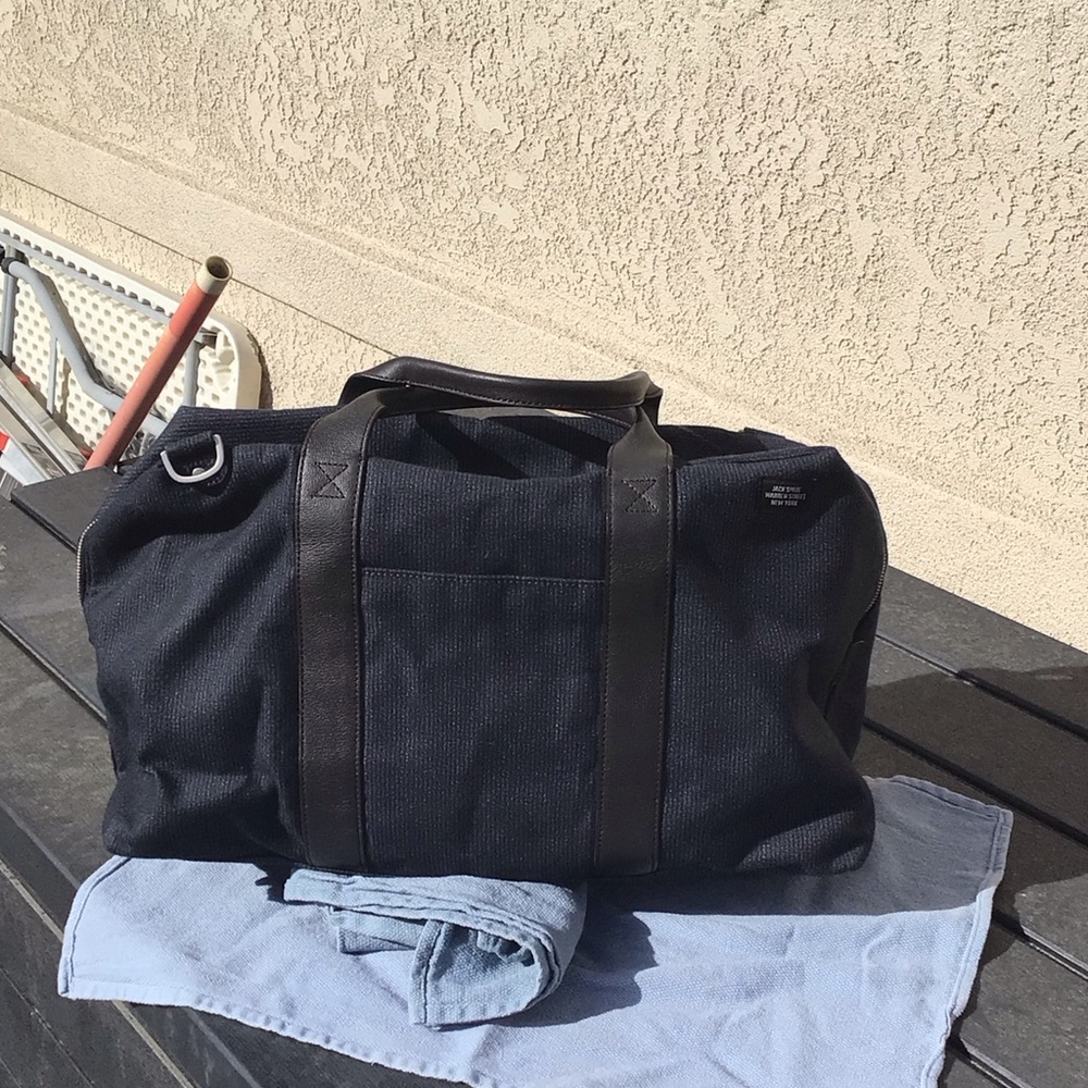Jack Spade bluish gray fabric with leather trim. Great used conditions